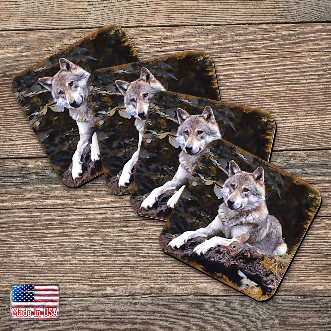 Wolf Wooden Cork Coasters Gift Set of 4 by Nature Wonders - Nature Wildlife Decor - 95287C-S4
