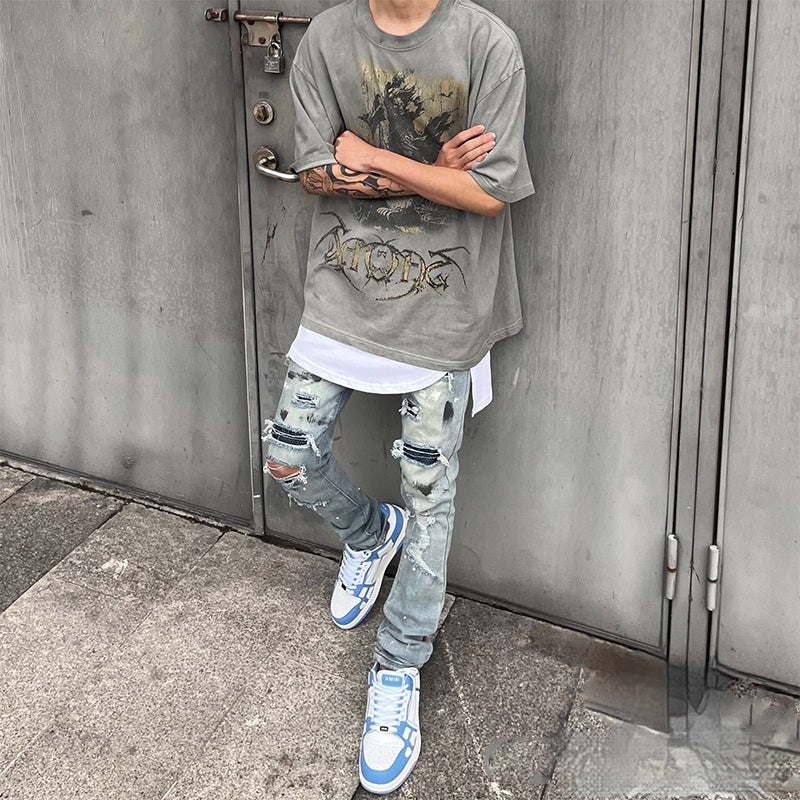 Handmade Splash-ink Blue Diamond Ripped Jeans - Lootquake