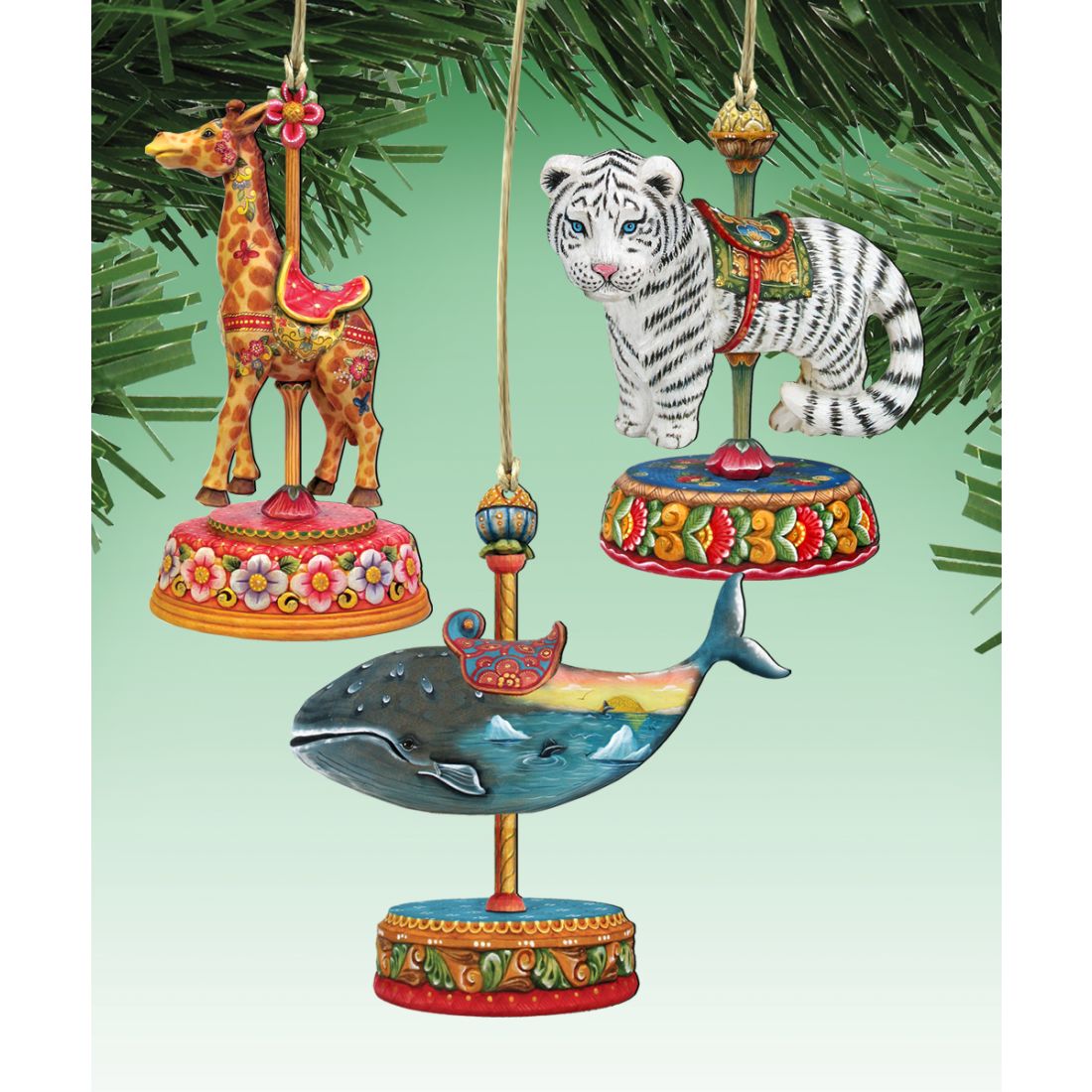 Carousel Wooden Ornaments: Tiger, Whale, Giraffe - Christmas Decor - 81000892S3