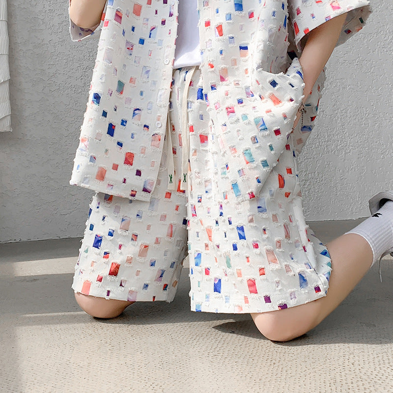 Summer New Chessboard Plaid Shirt Short Sleeve Shorts Suit - Lootquake