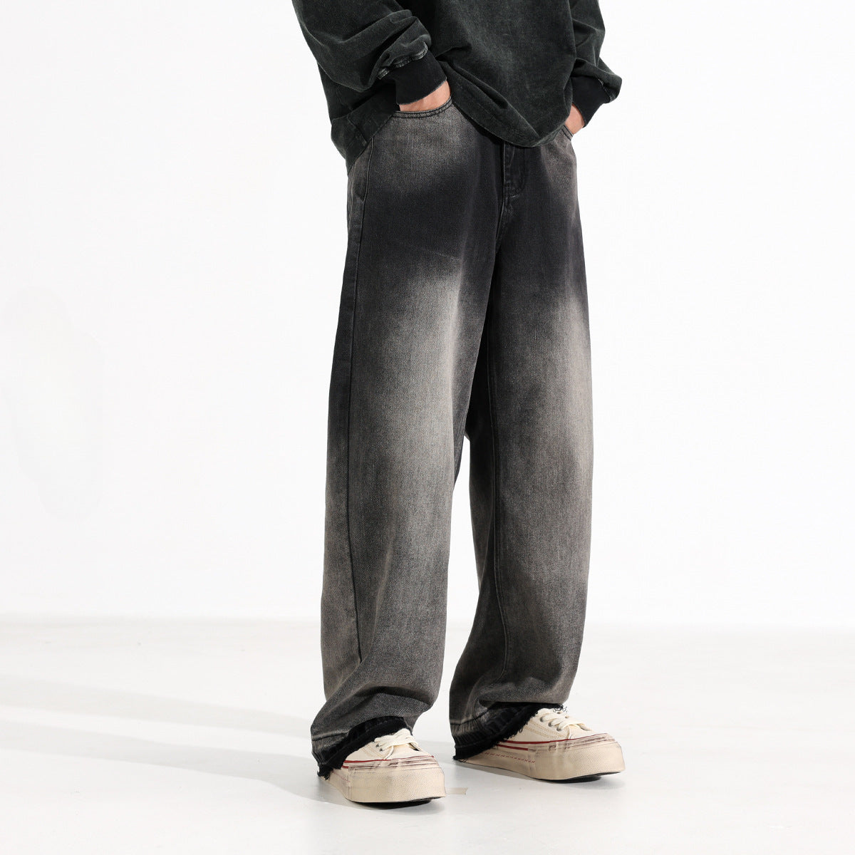 American-style Heavy Washed Black And Gray Straight Jeans Men's Loose Wide Leg Casual Trousers - Lootquake