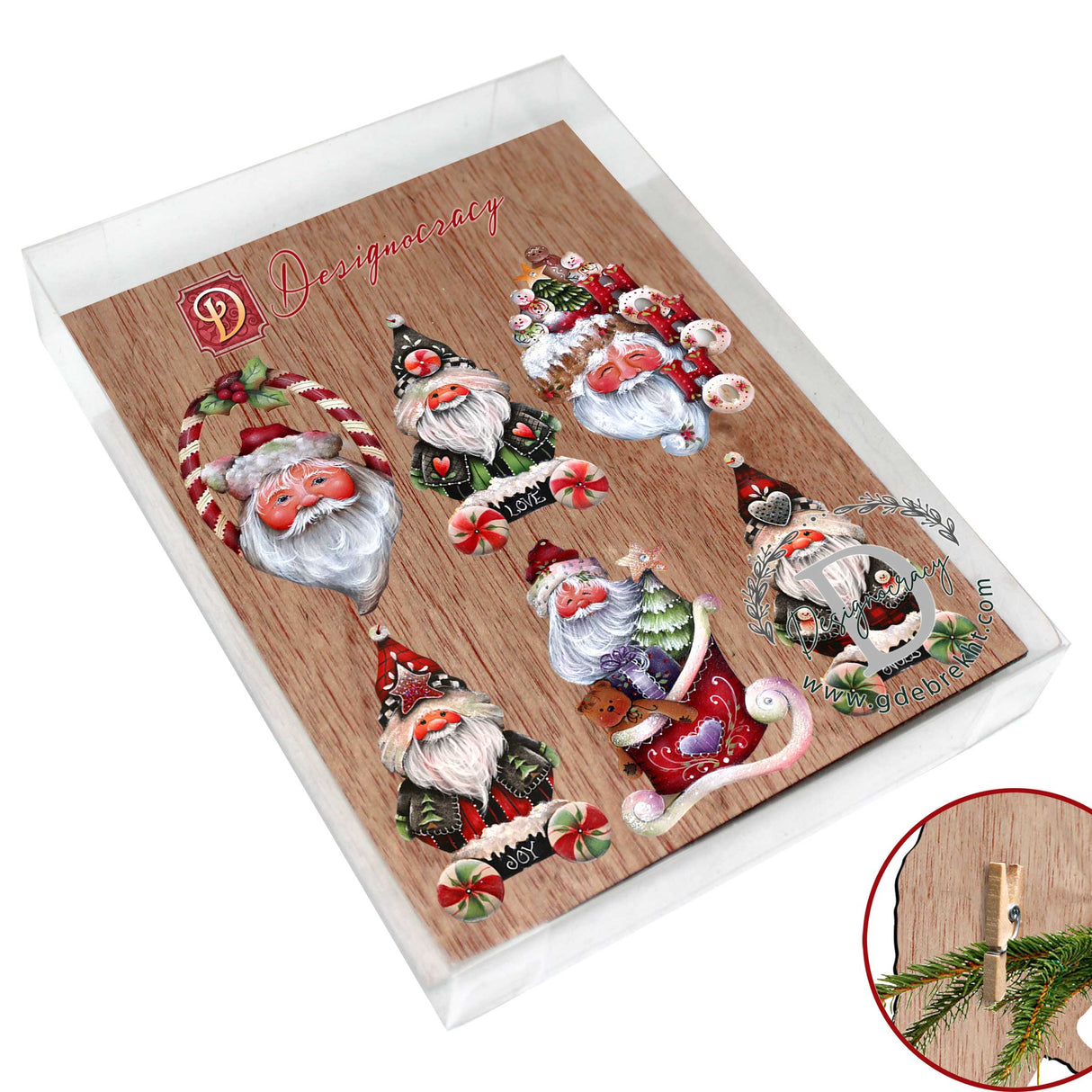 Magical Baby Santa Decorative Wooden Clip-on Ornaments Set of 6 by Jamie Mills-Price - Christmas Santa Snowman Decor - 8090051C-MP-S6