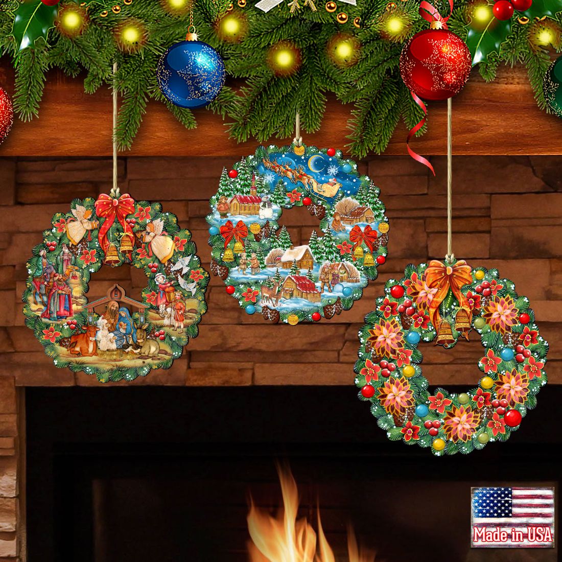 Wreaths Keepsake Wooden Ornaments Set of 3 by G. DeBrekht - Christmas Decor - 8100111S3