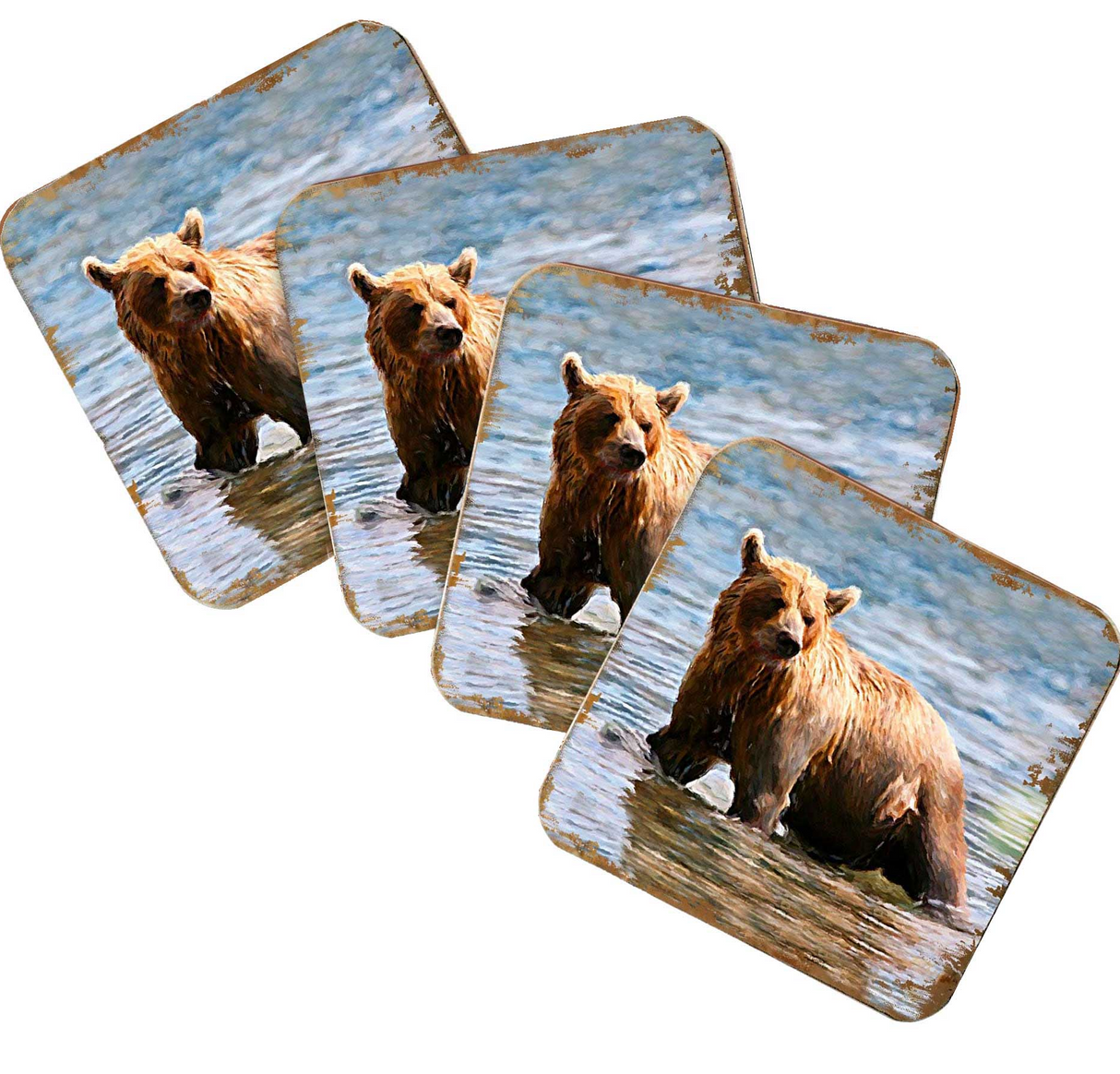 Bear Wooden Cork Coasters Gift Set of 4 by Nature Wonders - Nature Wildlife Decor - 95297C-S4