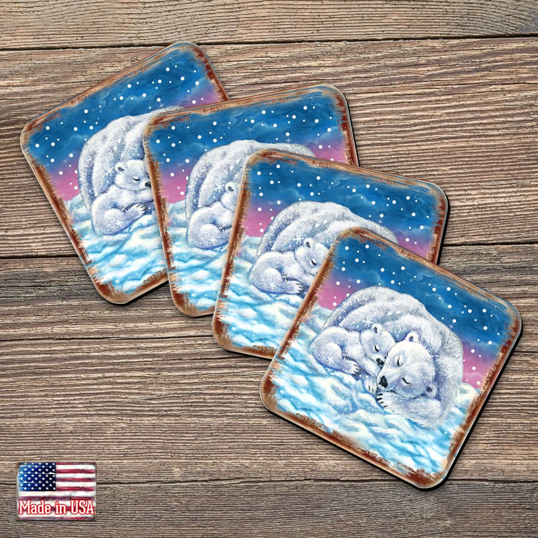 Polar Bears Wooden Cork Coasters Gift Set of 4 by Nature Wonders - Nature Wildlife Decor - 95381C-S4