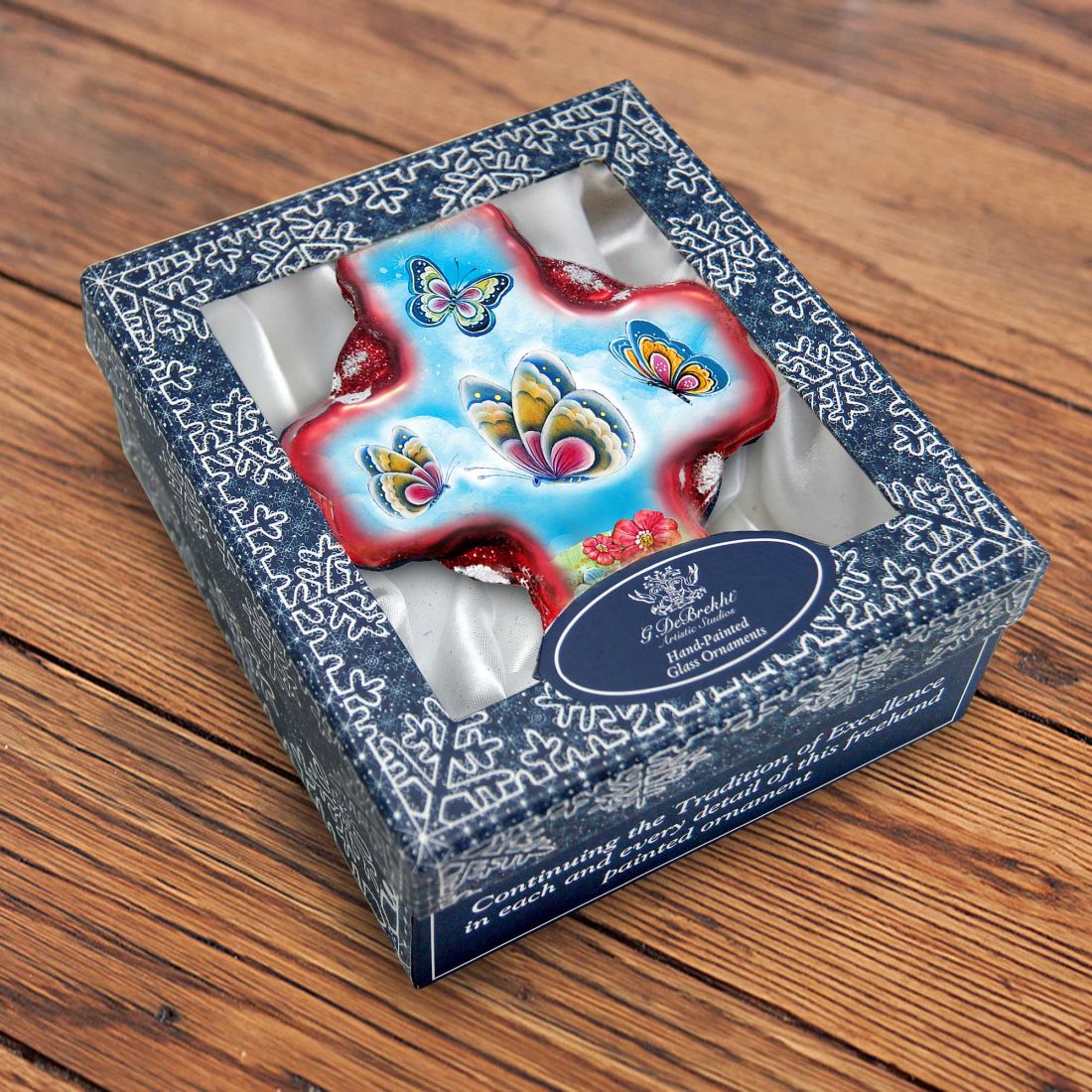 Butterflies Cross Red Glass Ornament by G. DeBrekht - Nativity Holiday Decor - 758-001R