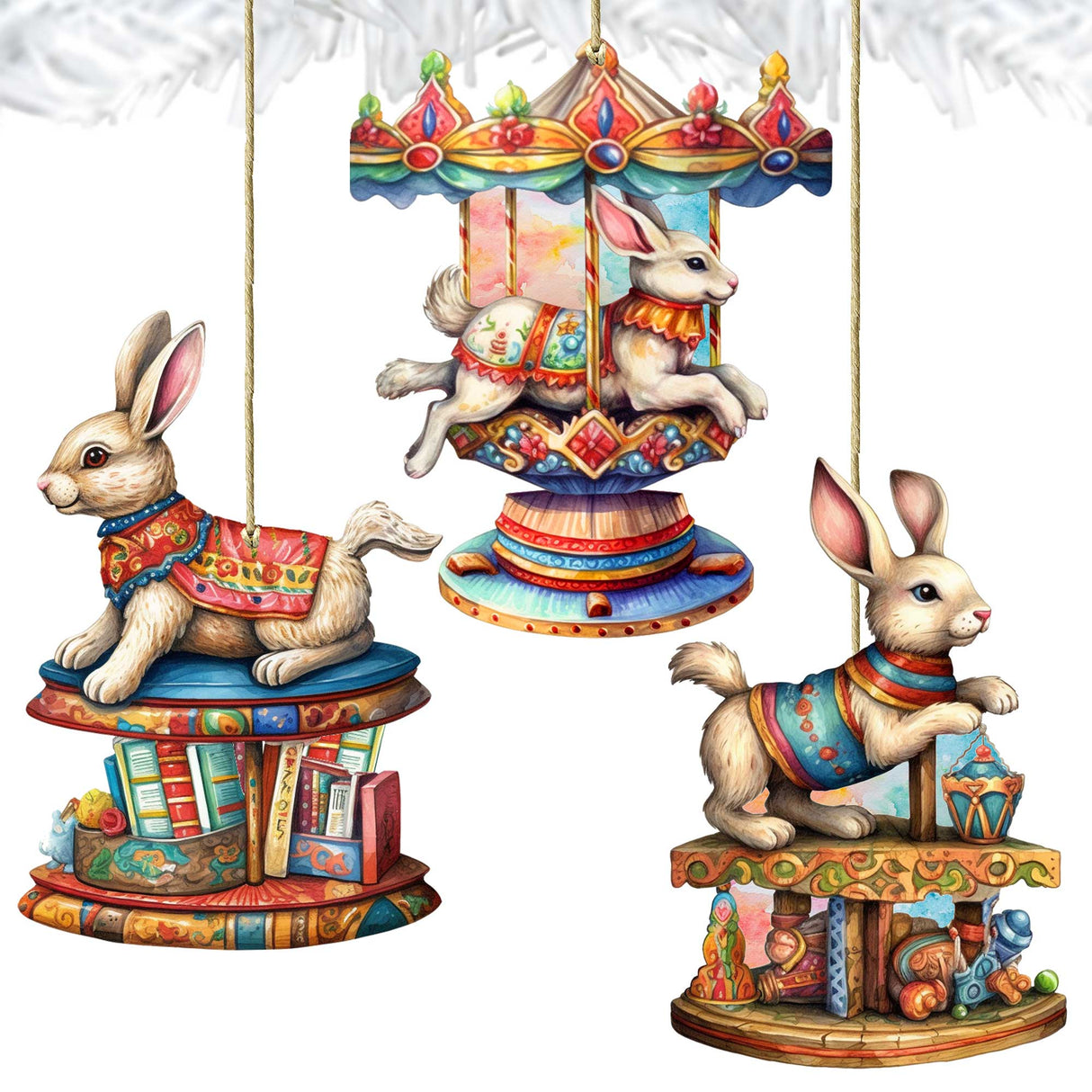 Carousel Bunnies Wooden Ornaments Set of 3 by G. Debrekht - Christmas Decor - 8100195S3