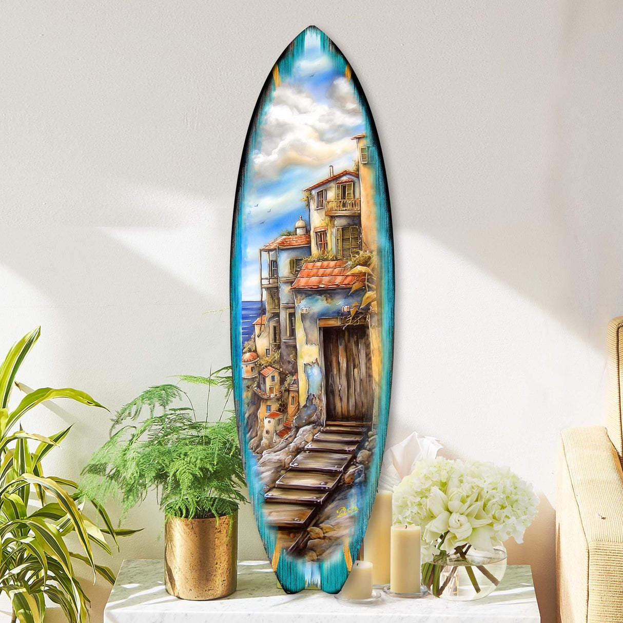 Mediterranean Seaside Surfboard Coastal Wall Art by G. DeBrekht - Coastal Holiday Decor - 8490118HS
