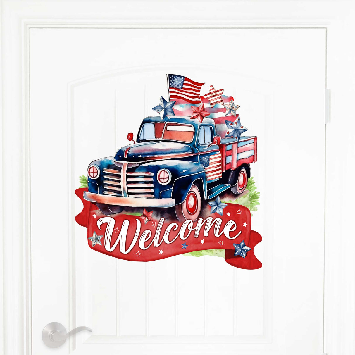 Letrero de bienvenida para puerta de entrada. American Car. Unidos nos mantenemos. Porche delantero. Corona patriótica. Pancarta de entrada principal. Letrero de bienvenida rojo y blanco. Decoración de porche delantero de madera. - 933108H