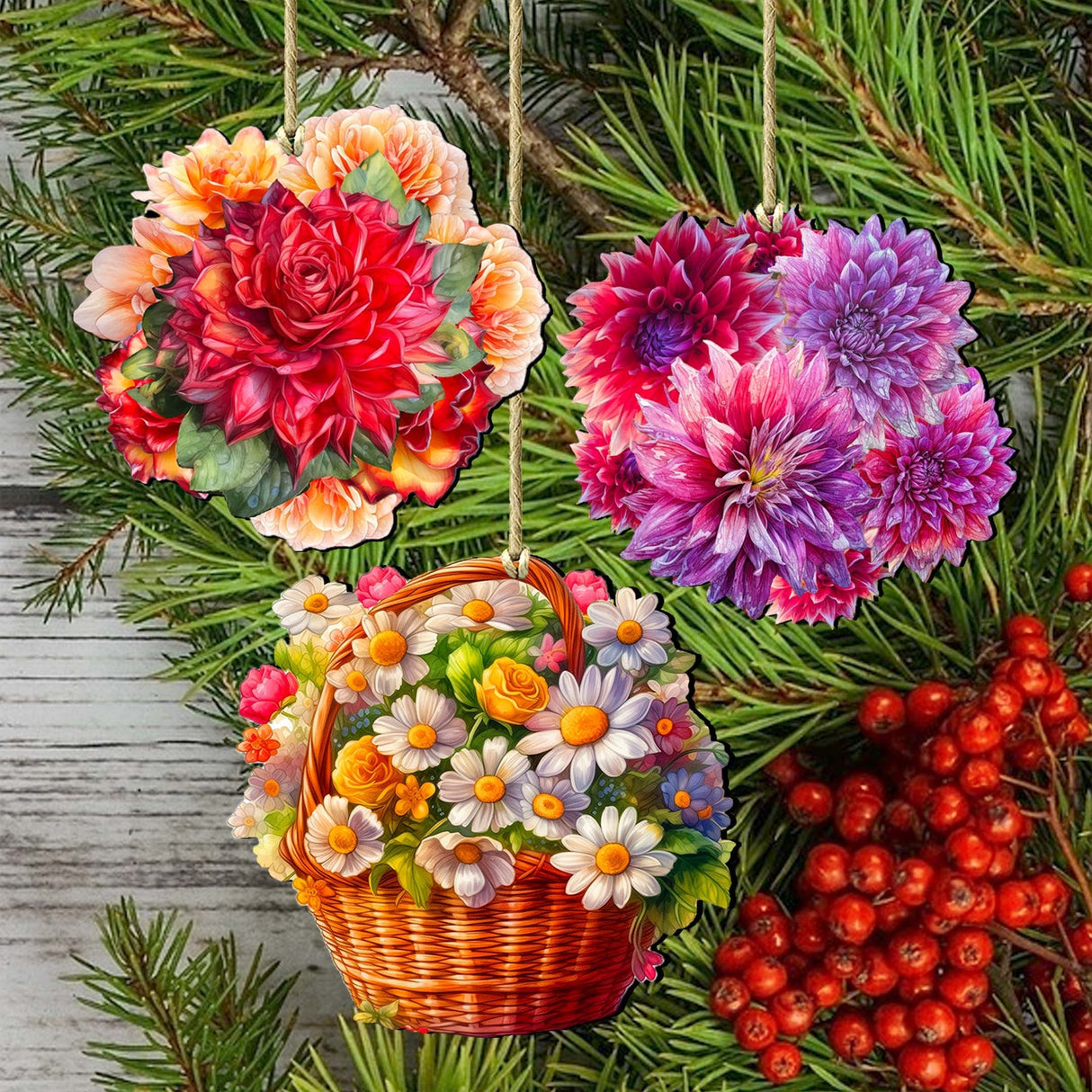 Flower Bouquets Decorative Wooden Ornaments Set of 3 by G. Debrekht - Love Family Decor - 8091076-2-S3