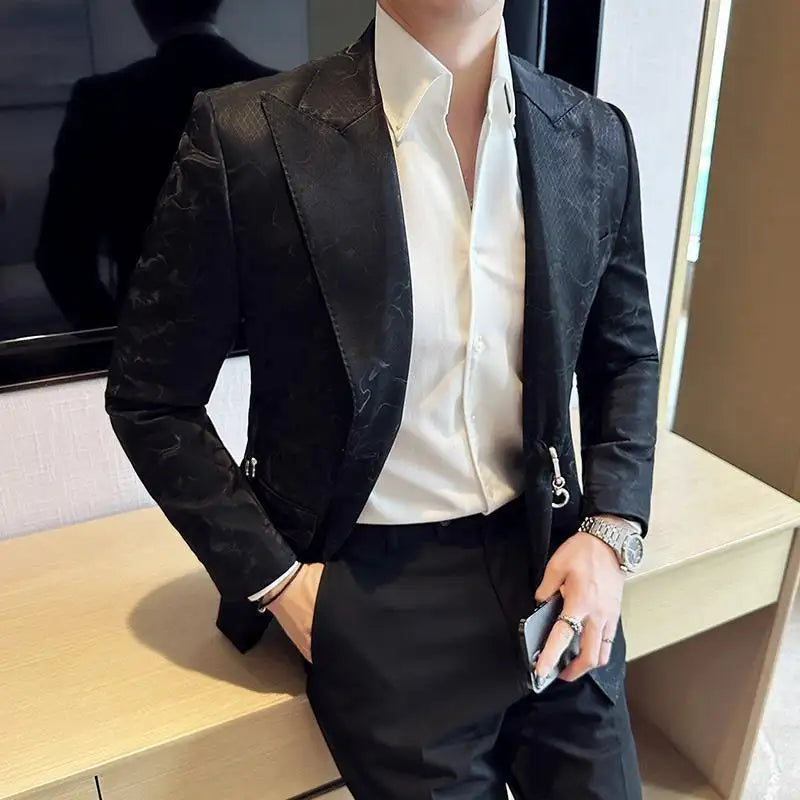 Vintage Pattern Men's Casual Suit Metal Hook Placket Closure Collar Leather Texture Suit - Lootquake