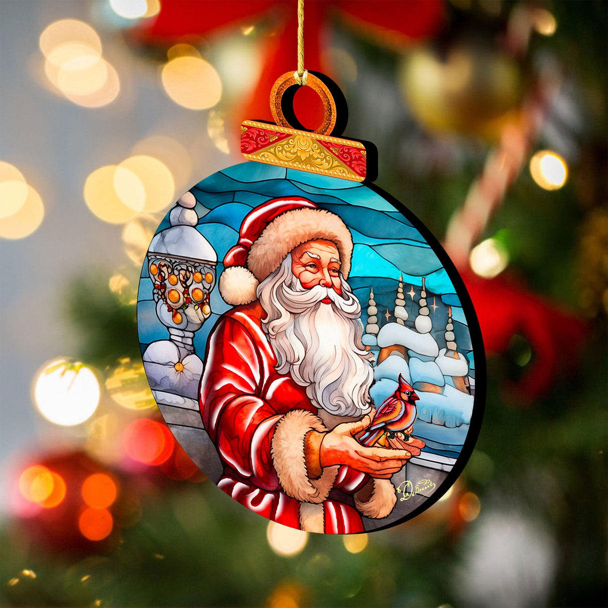 Adornos navideños de madera de Papá Noel con cardenal rojo de G. Debrekht - Decoración de muñeco de nieve de Papá Noel - 8652807