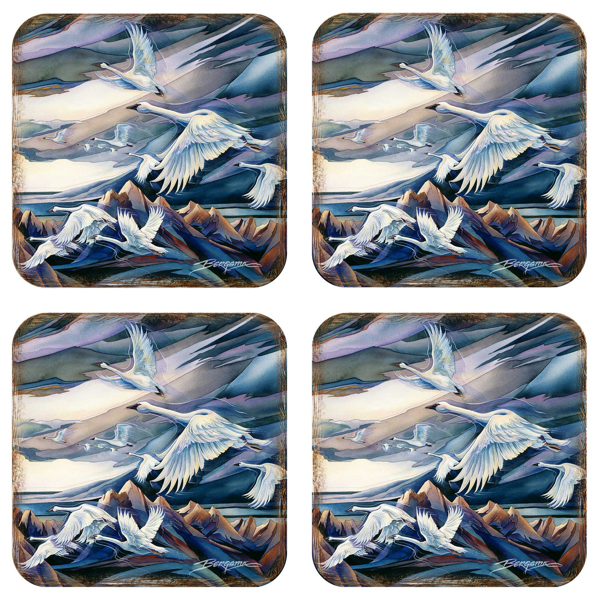 Flying Swans Wooden Cork Coasters Gift Set of 4 by J. Bergsma - Coastal Decor - 8199457C-S4
