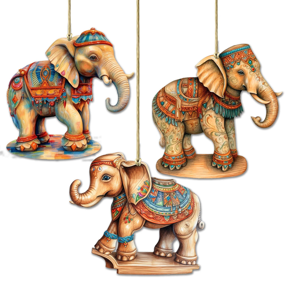 Carousel Elephants Wooden Ornaments Set of 3 by G. Debrekht - Christmas Decor - 8100192S3