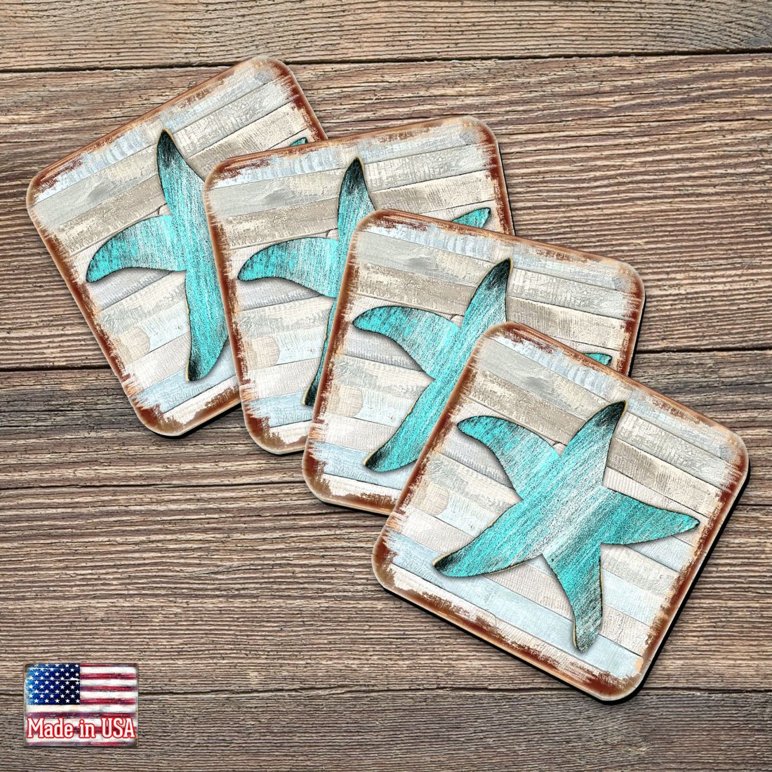 Starfish Wooden Cork Coasters Gift Set of 4 by Nature Wonders - Coastal Sea-Life Decor - 8198531-9C-S4