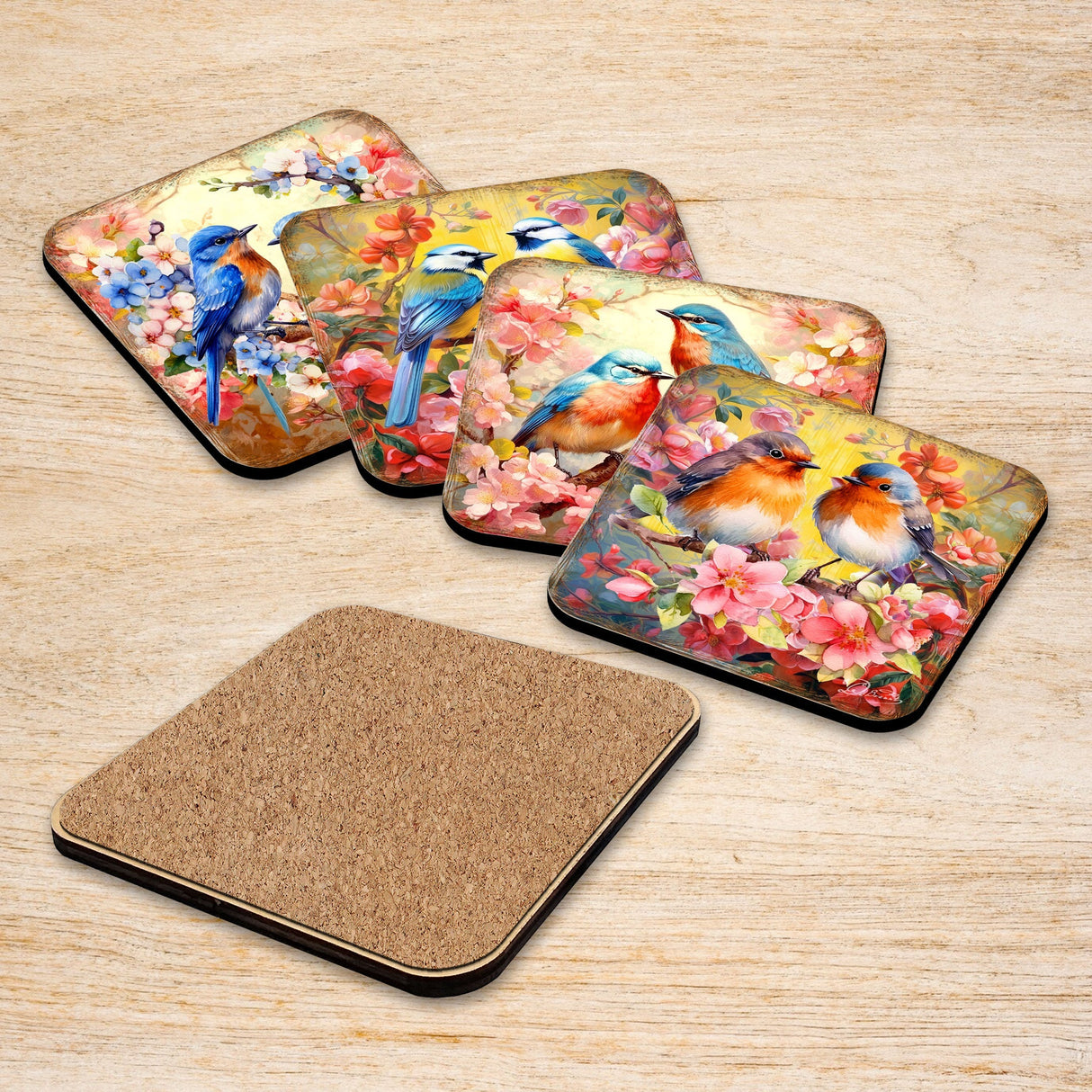 Spring Birds Wooden Cork Coasters Gift Set of 4 by G. Debrekht - Easter Spring Decor - 8199438C-S4