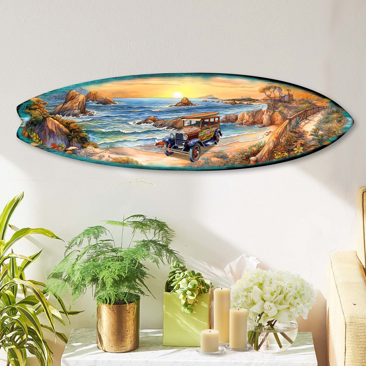 Tabla de surf al amanecer en la playa, arte mural costero de G. DeBrekht - Decoración navideña costera - 8490124HS