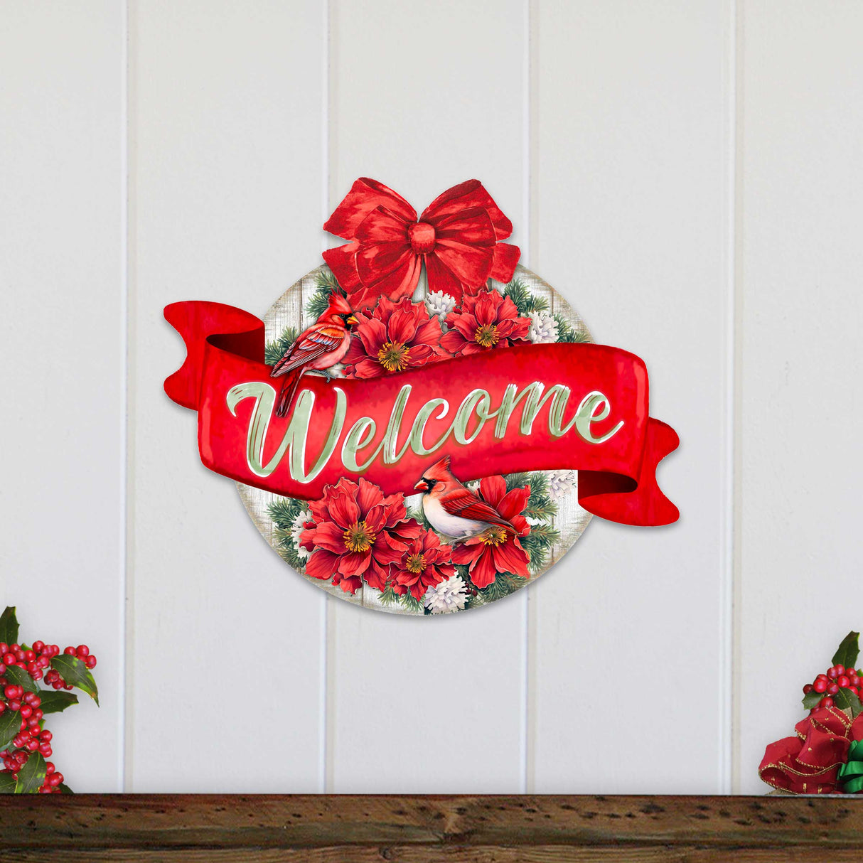 Christmas Wreath Welcome Sign Front door welcome sign Main entrance banner Welcome sign - Wooden front porch decor - 933117H