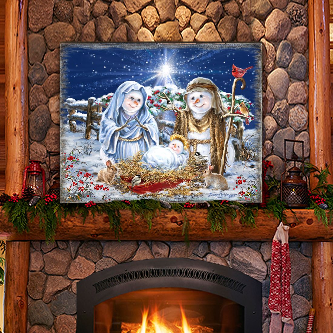 Arte de pared de madera para la Natividad de la Familia de Nieve de D. Gelsinger - Decoración navideña de Papá Noel y muñeco de nieve - 95675B-DG
