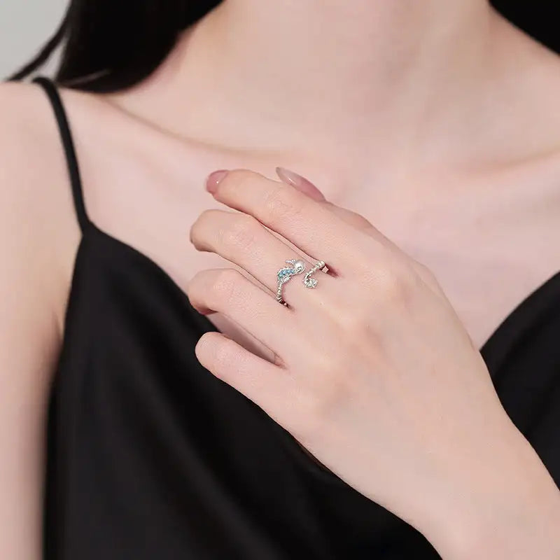 Ocean Seahorse Open Ring Female Inlaid With Green Zirconium - Lootquake