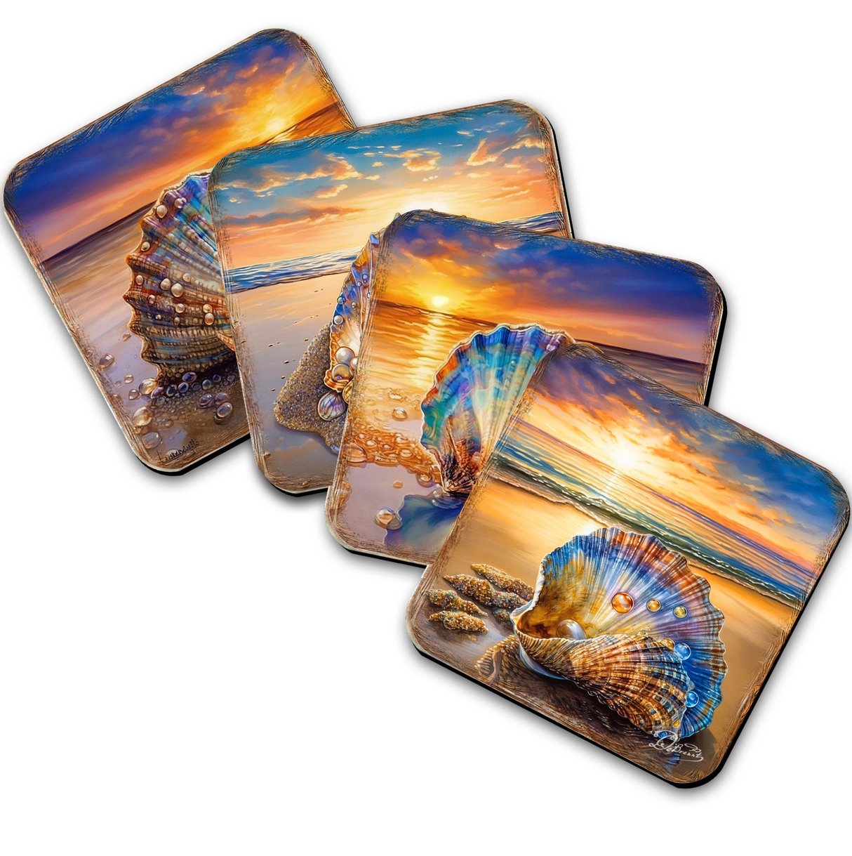 Juego de 4 posavasos de corcho de madera "Atardecer en la playa" de G. Debrekht - Decoración navideña costera - 8199450C-S4
