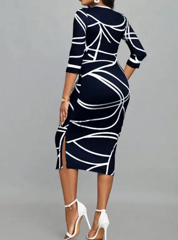 Ladies' Round Neck Printed Casual Bag Hip Dress - Lootquake