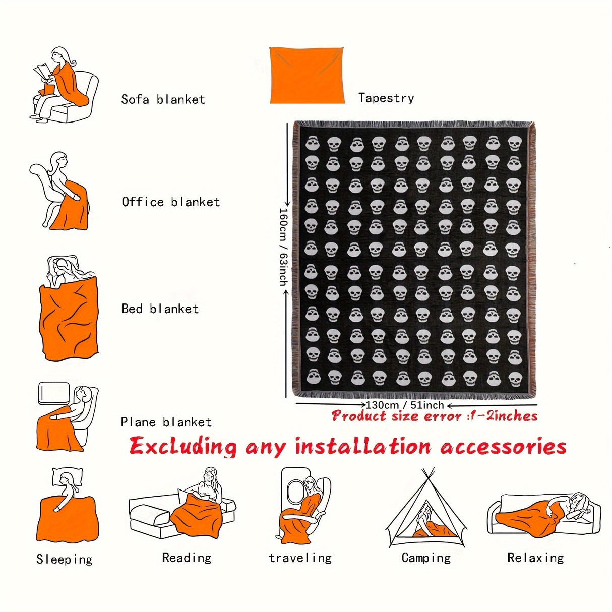 Bohemian Knitted Halloween White Skull Head Printed Tassel Blanket, Suitable For Camping, Casual Picnic