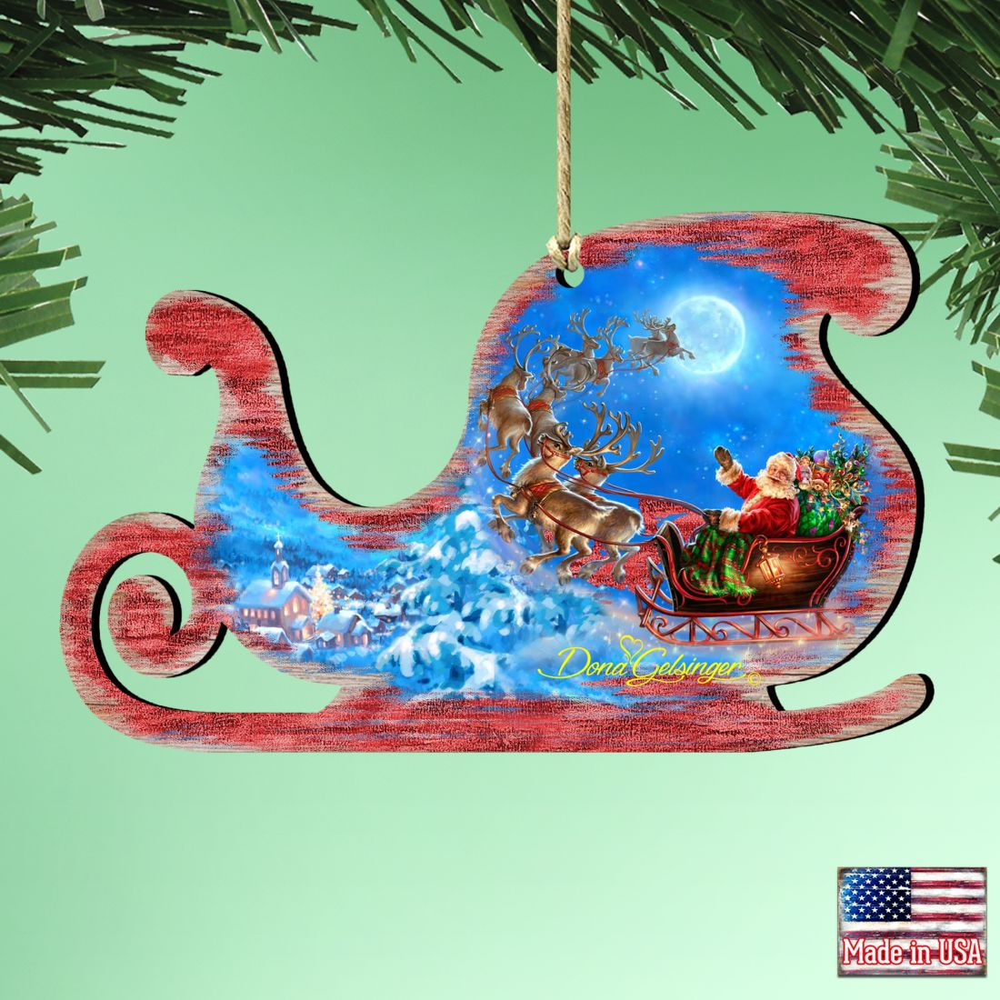 Adornos de madera "Vuelo Mágico de Papá Noel" de Gelsinger - Decoración navideña de muñeco de nieve de Papá Noel - 8161020-1314