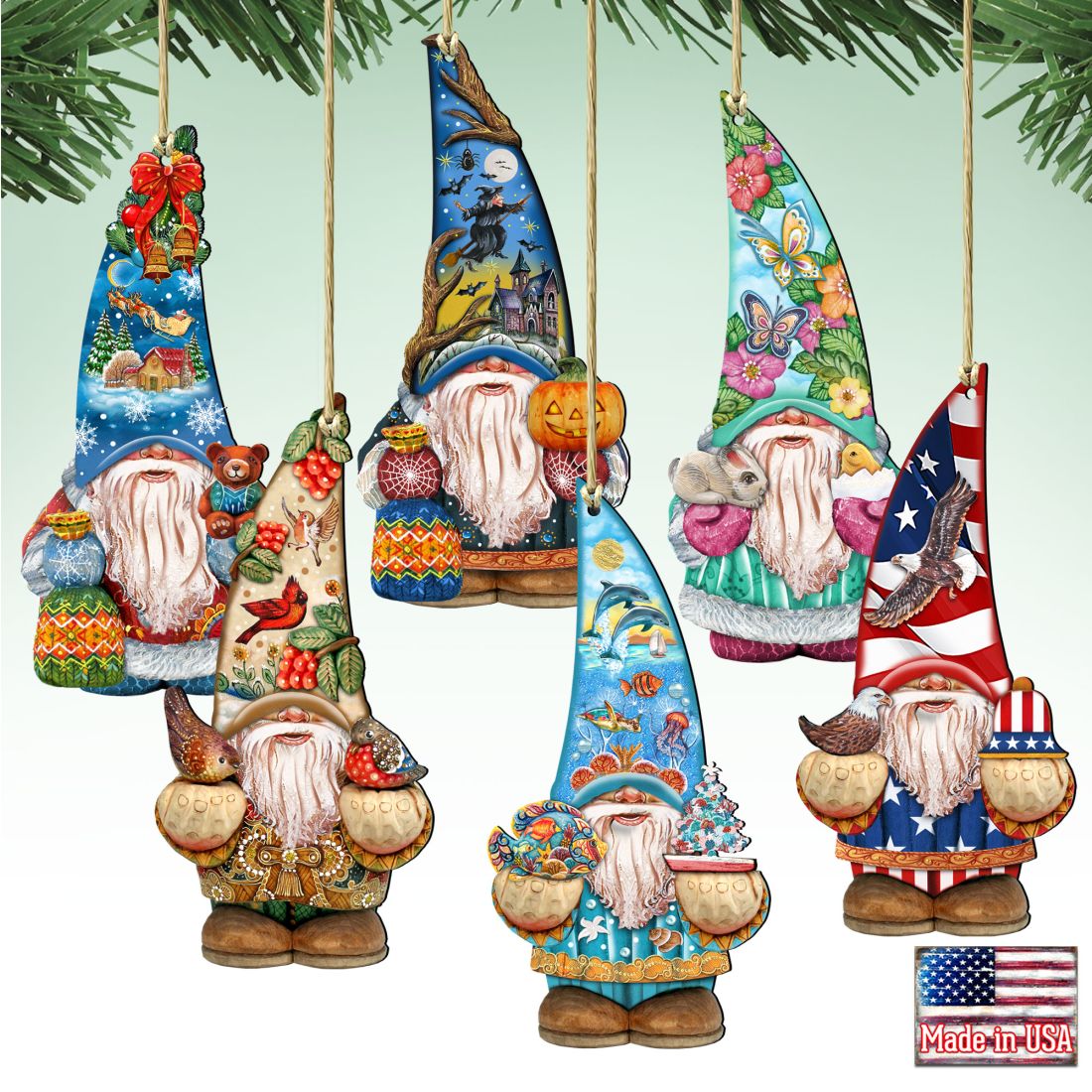 Adornos de madera Gnome Friends (juego de 6) de G. DeBrekht - Decoración navideña de Papá Noel y muñeco de nieve - 8611010-S6