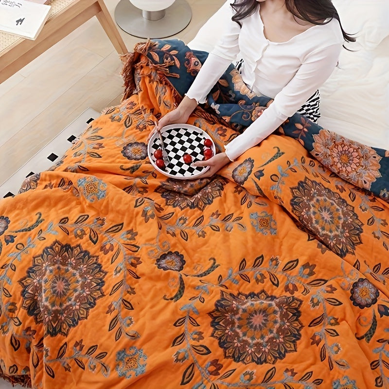 Couverture en coton ultra-douce et respirante « Peluche Perfection » avec pompons – Polyvalente pour toutes les saisons, lavable et séchable en machine