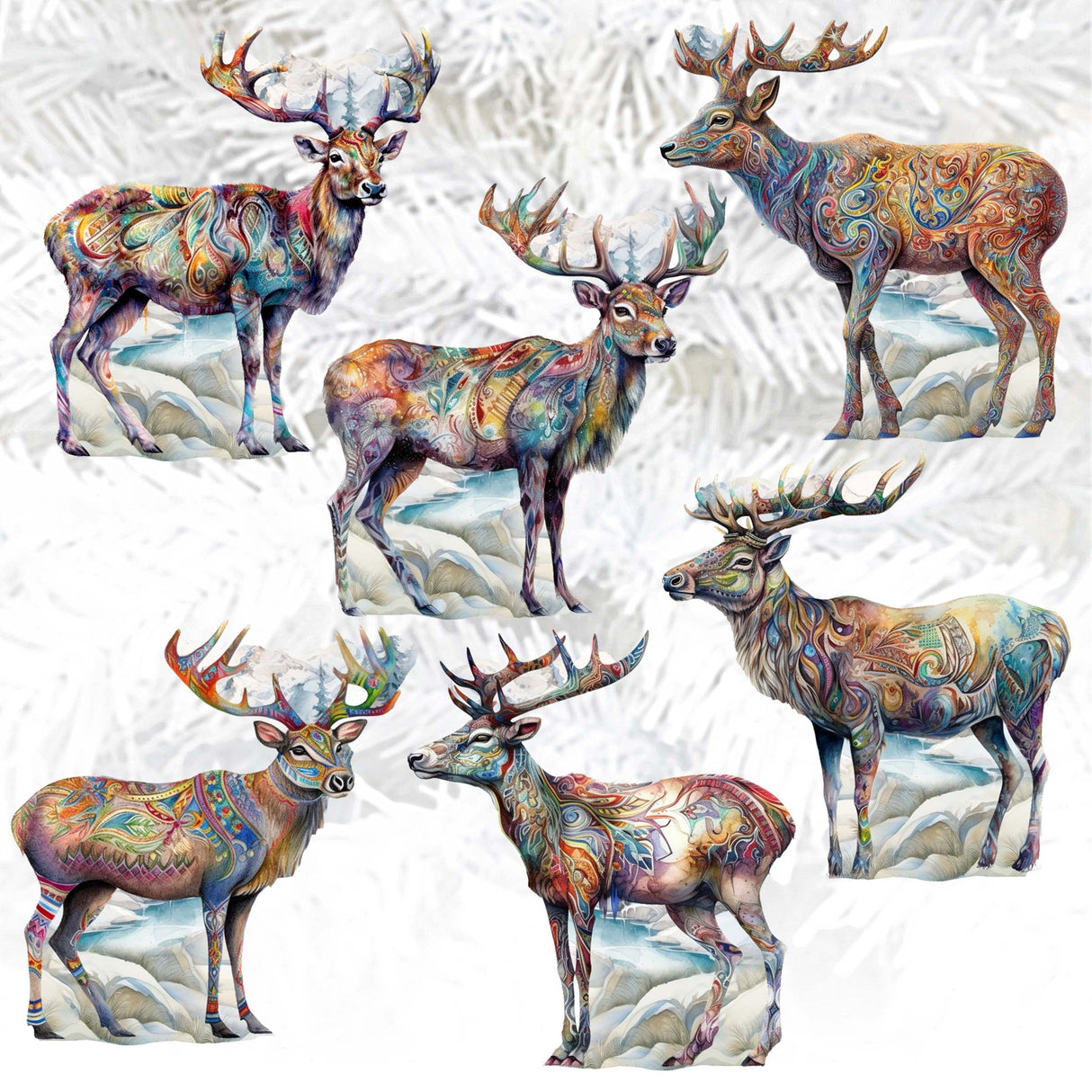 Iconic Caribou of Alaska Decorative Wooden Clip-on Ornaments Set of 6 by G. Debrekht - Wildlife Decor - 8090111C-S6