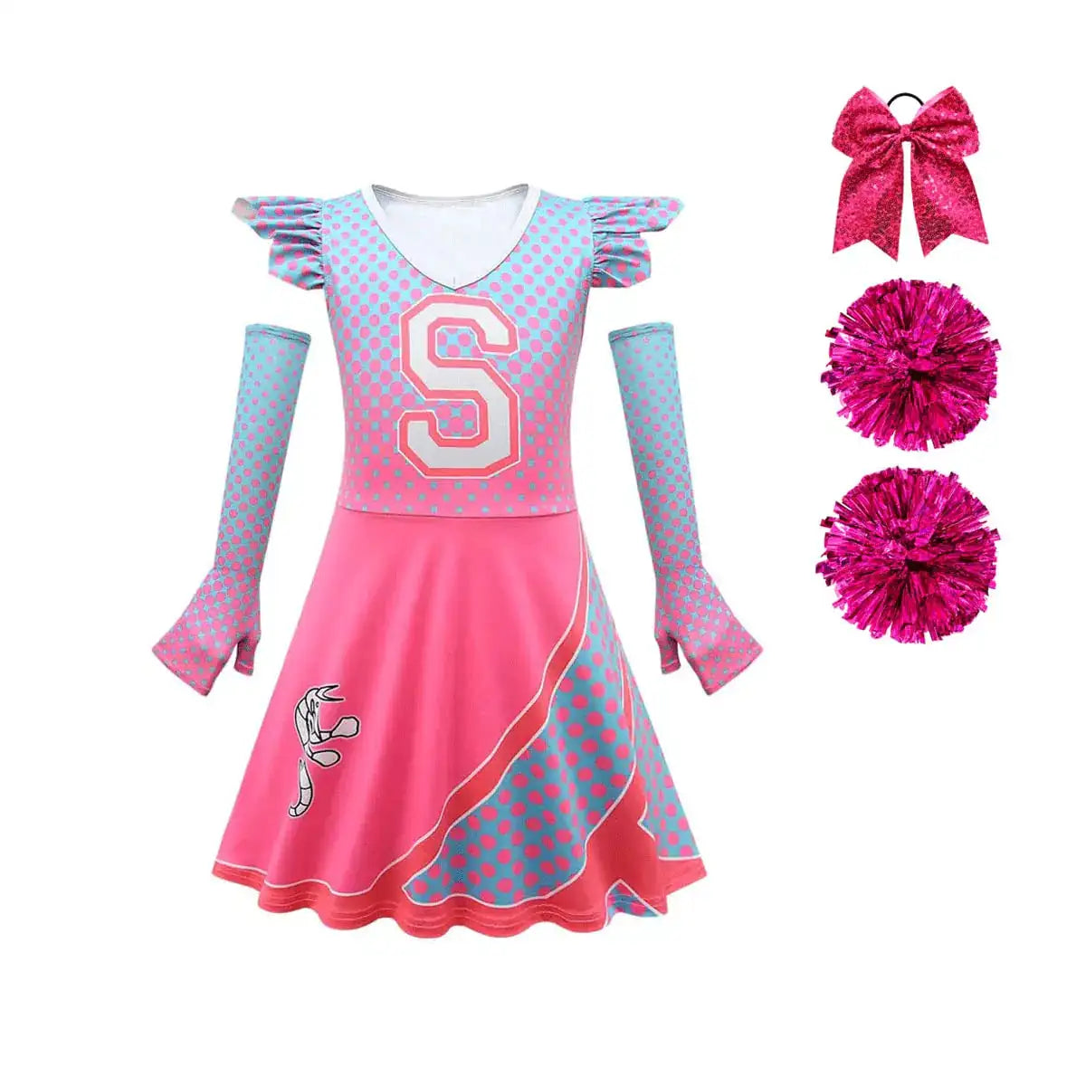 Zombie 3 Cheerleader Dresses for Girls Addison Alien Dresses for Girls Addison Zombies Dresses Kids with Pom Poms and Bow Hair Rope 7-8Y - Lootquake