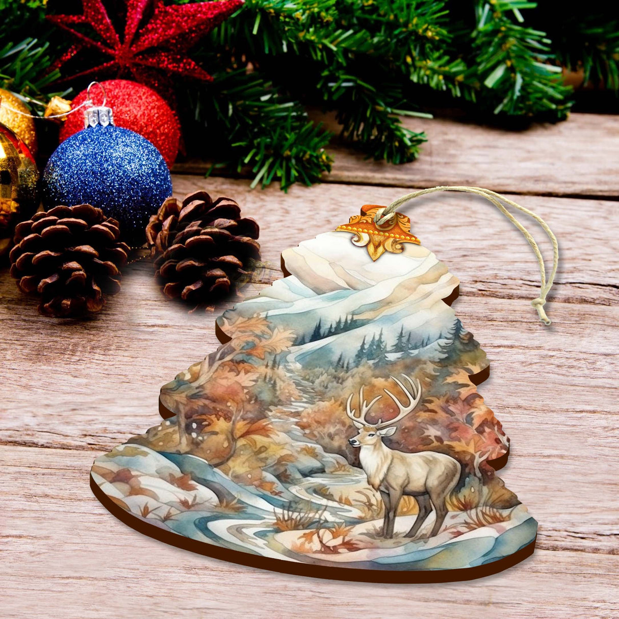 Snowy Summit Elk Tree Wooden Ornaments by G.Debrekht - Wildlife Holiday Decor - 870005