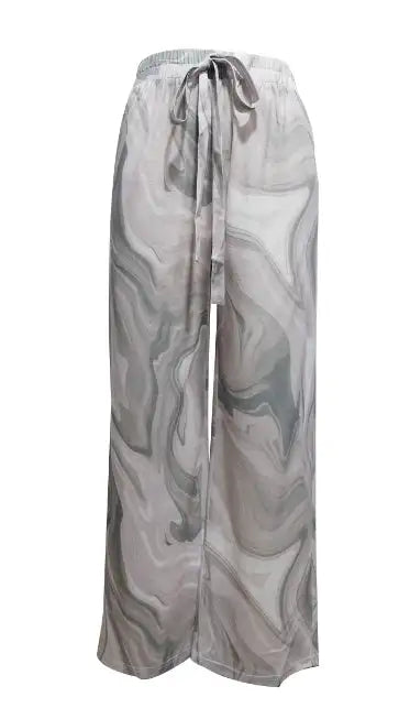 Ladies' Contrasting Printed Waist Strap Details, Loose Pleated Casual Style Wide Leg Pants - Lootquake