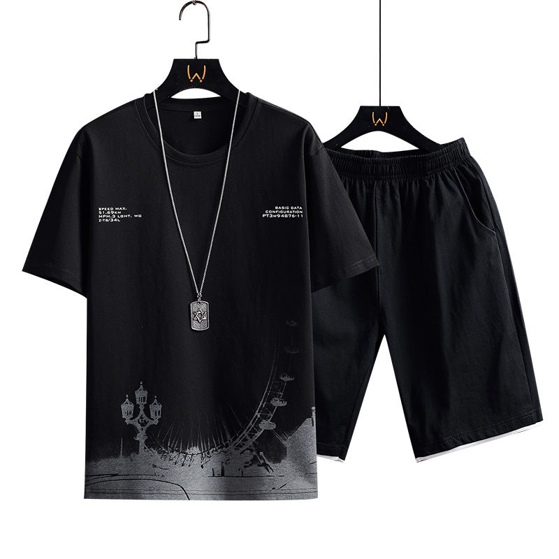 New Cotton Men's Casual Sports Loose Shorts Round Neck T-shirt Suit - Lootquake