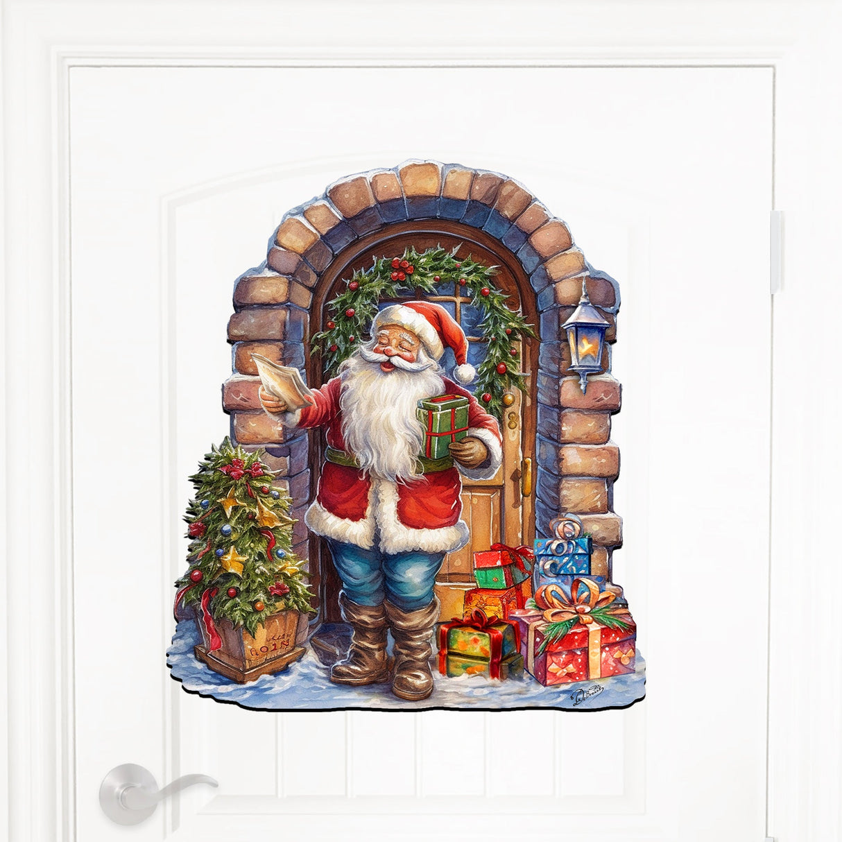 Decoración navideña para puerta con la visita sorpresa de Papá Noel de G. Debrekht - Decoración navideña con muñeco de nieve de Papá Noel - 8611045H