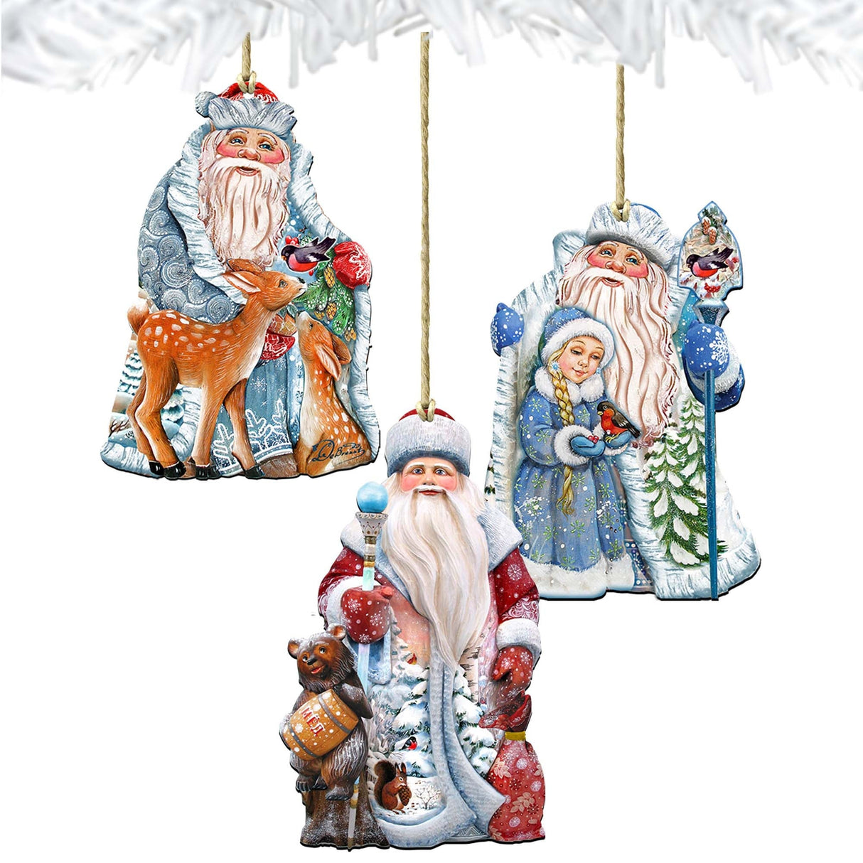 Juego de 3 adornos de madera "Historia del Padre Escarcha" de G. DeBrekht - Decoración navideña de Papá Noel y muñeco de nieve - 8100023S3
