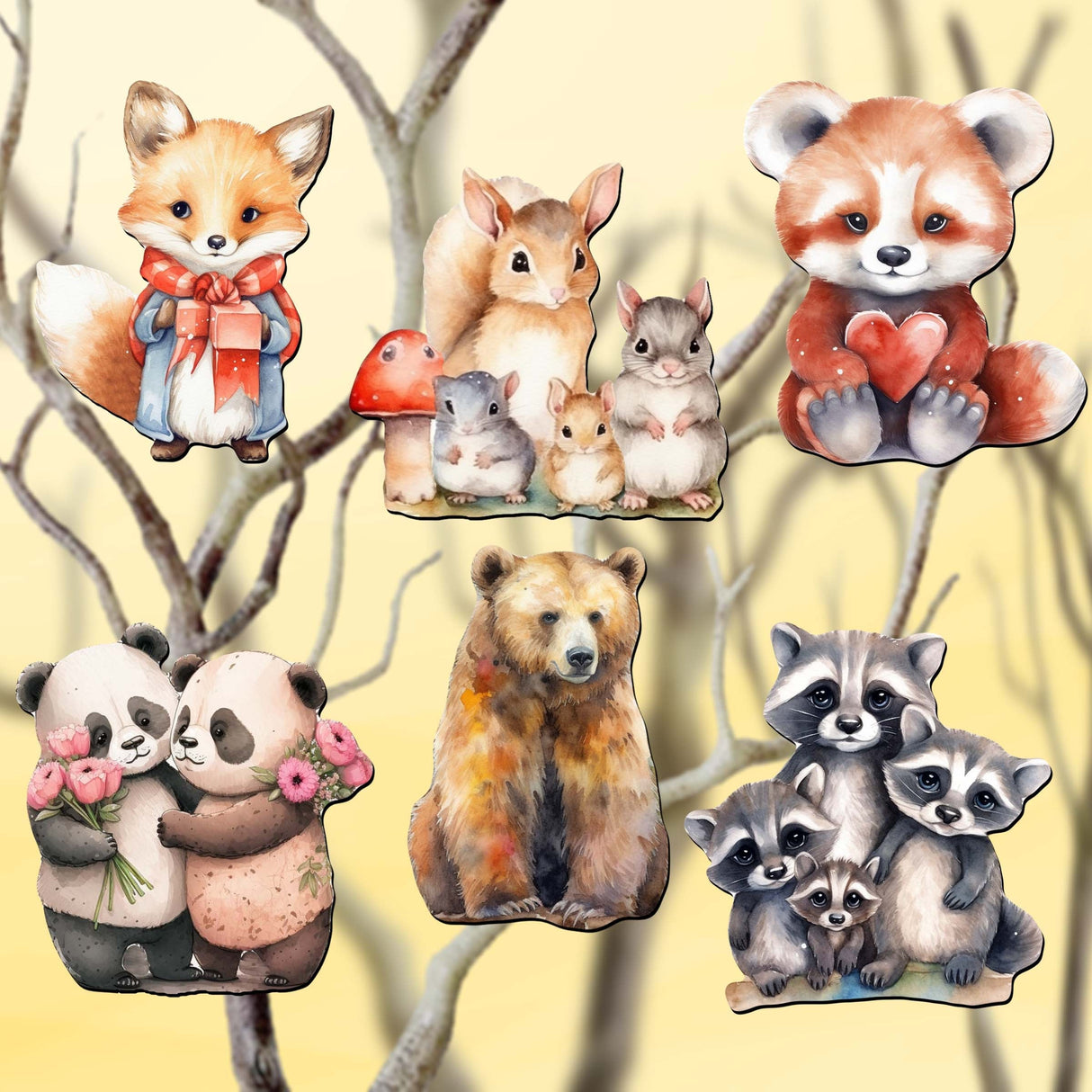 Adornos decorativos de madera con forma de animales del bosque, juego de 6, de G. Debrekht - Decoración navideña - 8090021C-S6