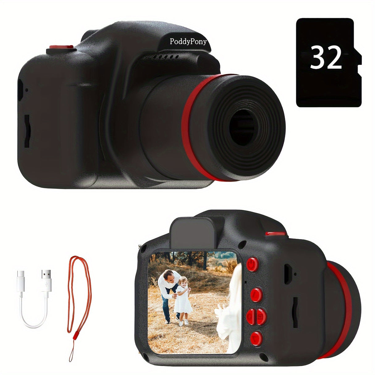 Appareil photo numérique pour enfants 32 Go - Portable, objectif long, vidéo HD, design adapté aux tout-petits - Cadeau idéal pour un anniversaire, un festival ou Noël pour les jeunes photographes