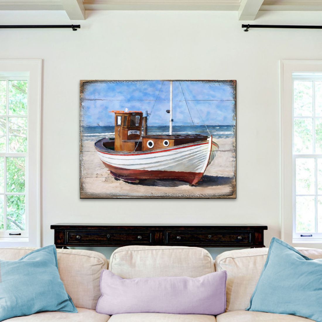 Arte mural costero de madera con vista al mar, barco varado, de Nature Wonders - Decoración costera de vida marina - 95321B