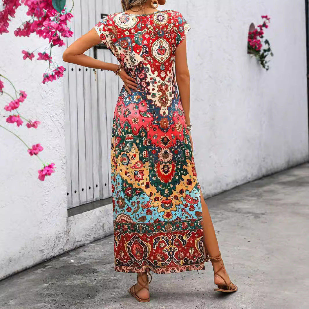 Vestido informal largo con cuello en U y estampado 3D para mujer