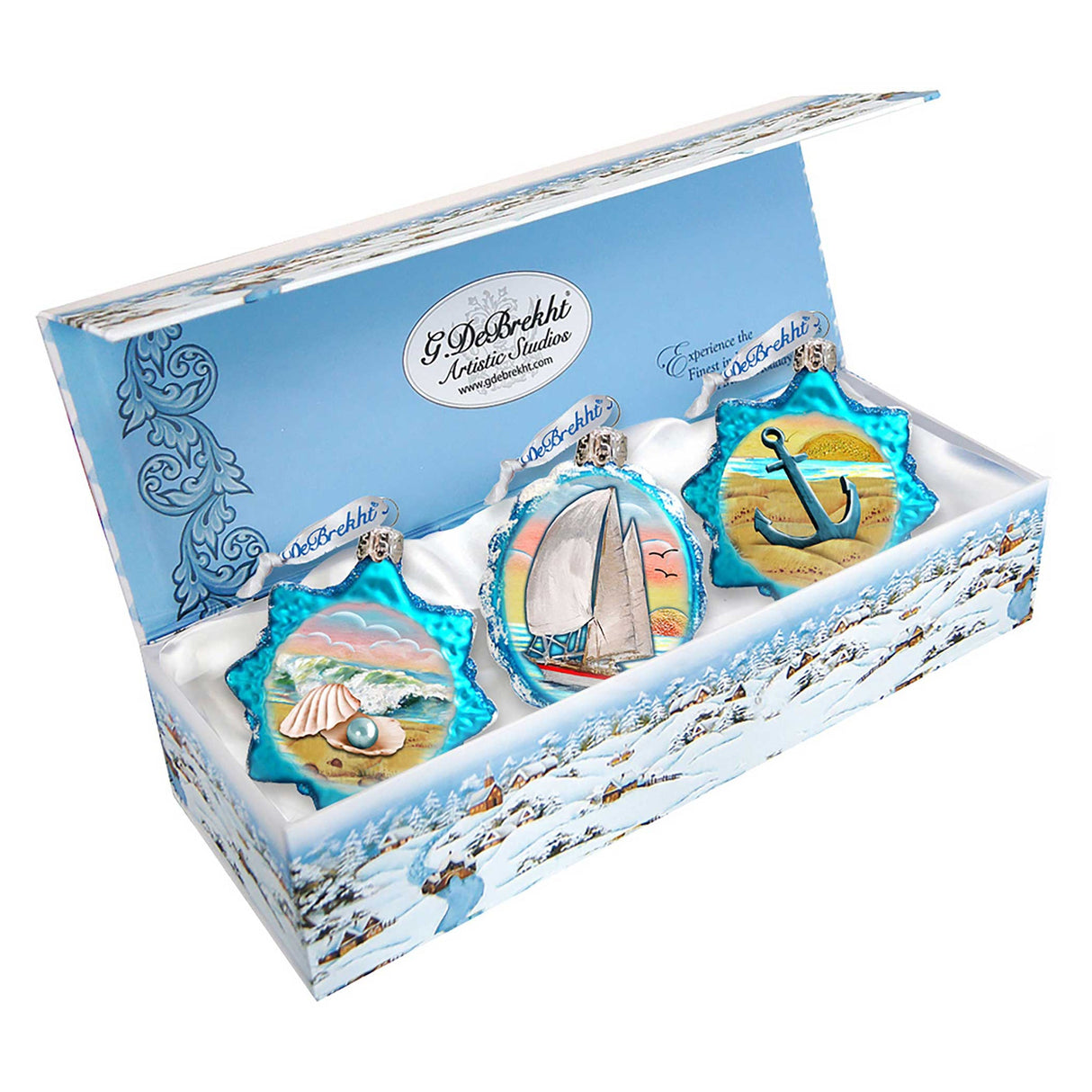 Juego de 3 adornos náuticos de vidrio de mercurio de G. DeBrekht - Decoración costera navideña - 770131S3