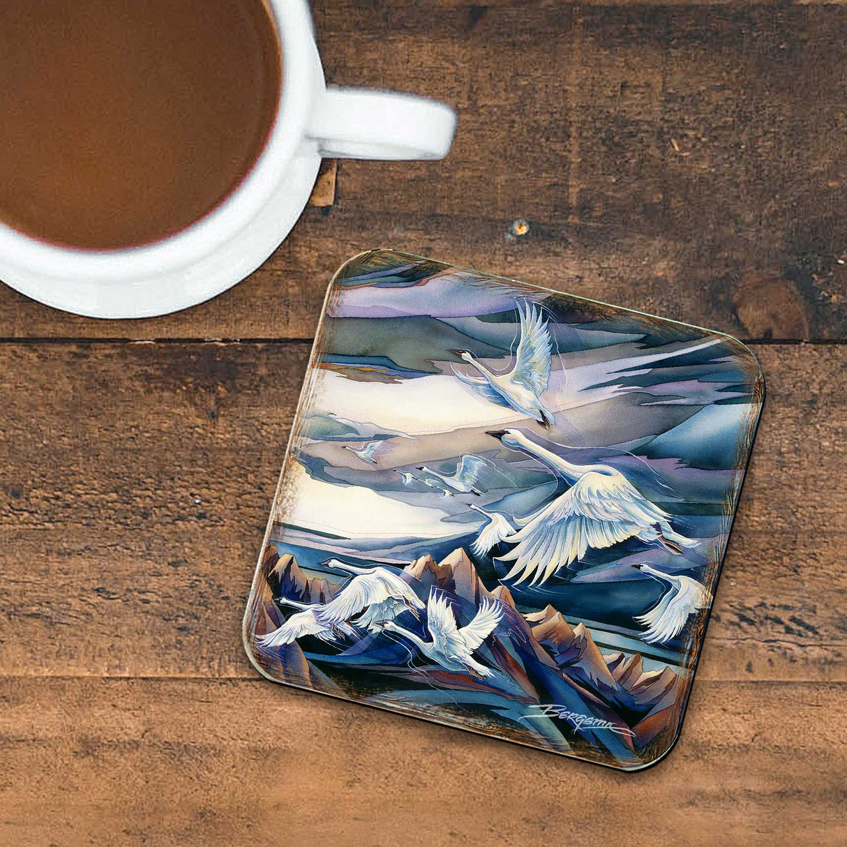 Flying Swans Wooden Cork Coasters Gift Set of 4 by J. Bergsma - Coastal Decor - 8199457C-S4