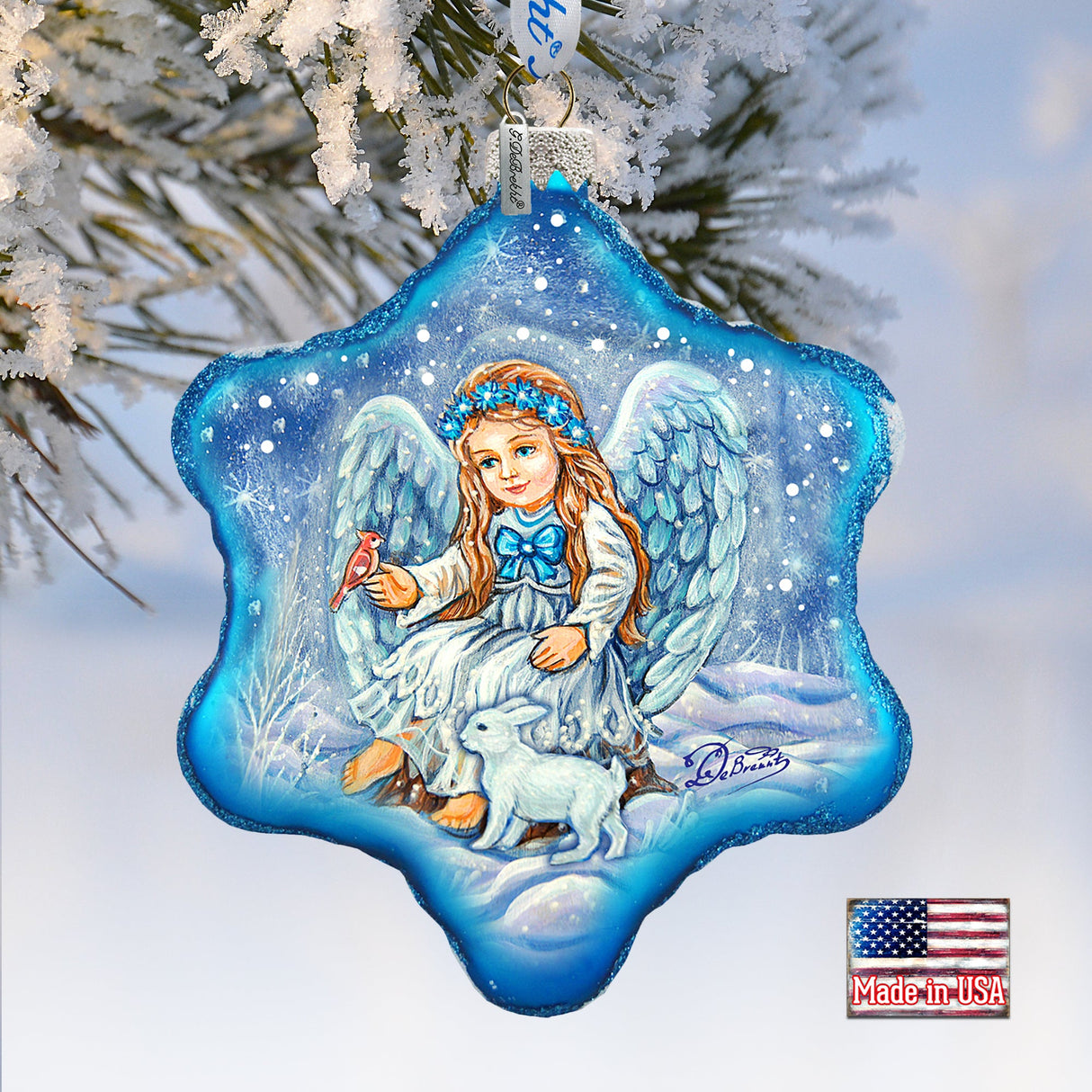 Adorno de cristal de ángel bebé con conejito de G. DeBrekht - Decoración navideña para la Natividad - 754-015