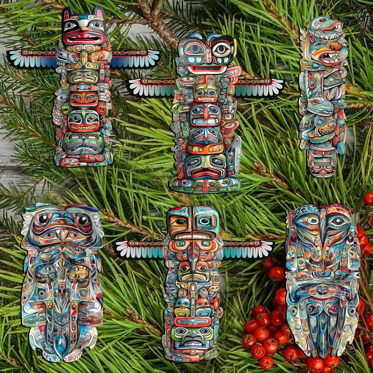 Spirit of the Totem Decorative Wooden Clip-on Ornaments Set of 6 by G. Debrekht - Wildlife Decor - 8090117C-S6