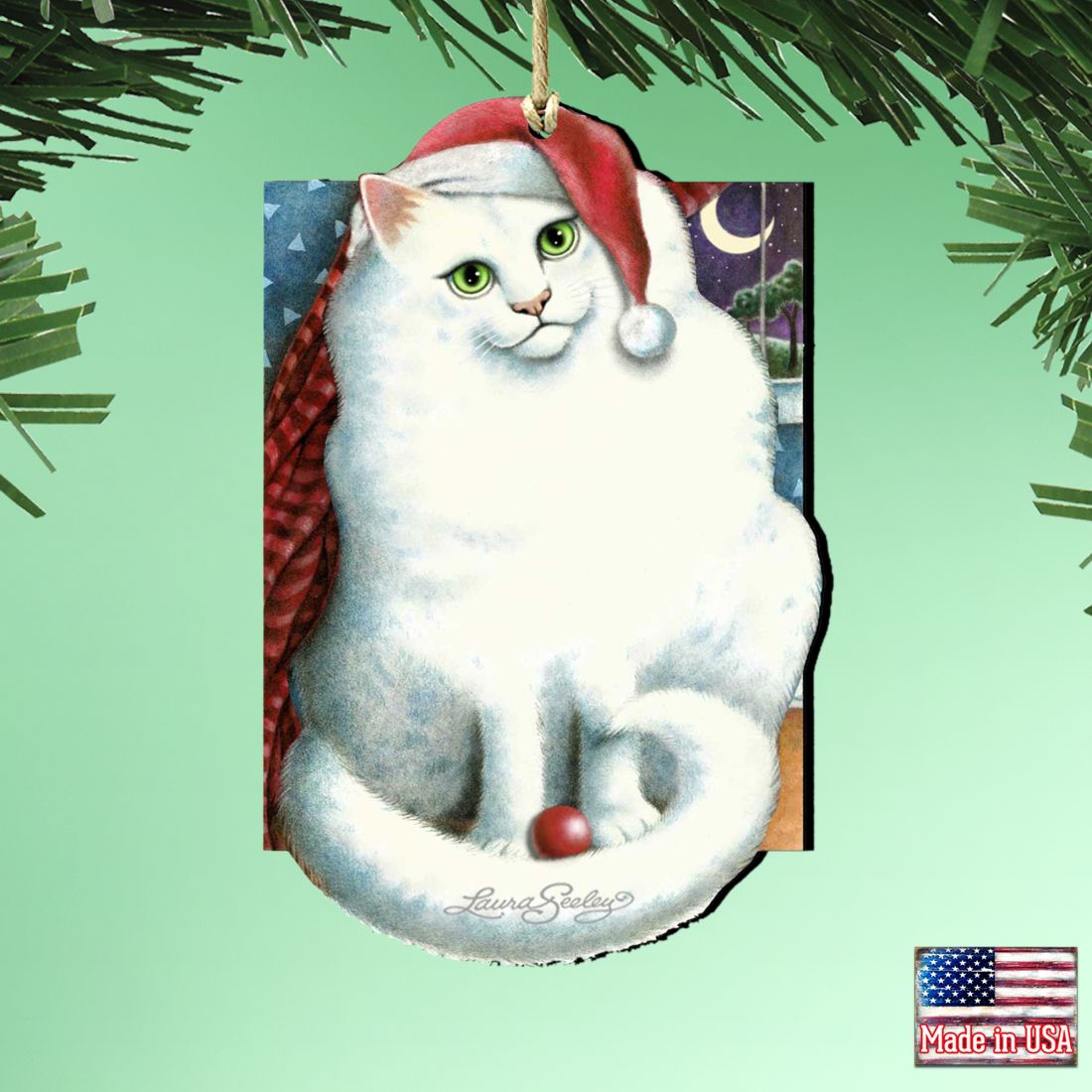 Marshmallow Santa Cat Wooden Ornaments Pets by Laura Seeley - Pets Dog and Cats Decor - 8512058-LS