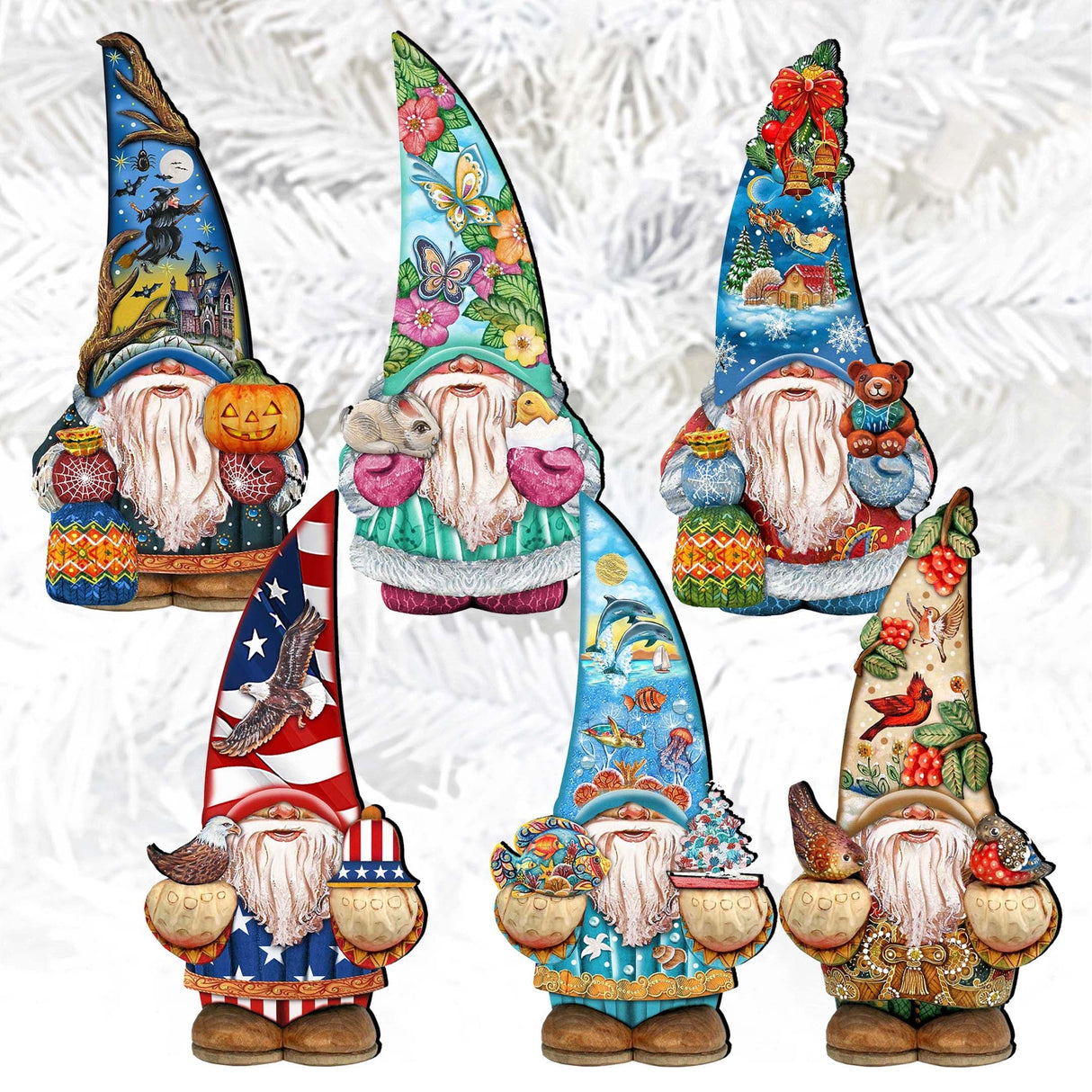 Holiday Gnomes Decorative Wooden Clip-on Ornaments Set of 6 by G. Debrekht - Christmas Decor - 8090138C-S6