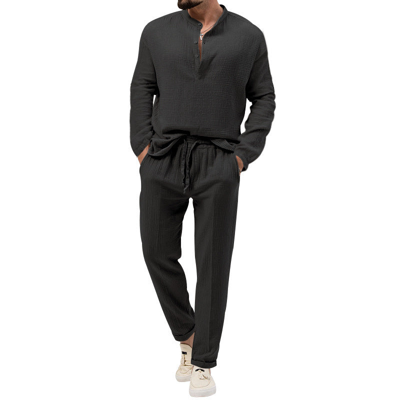 Men's Solid Color Casual Long Sleeve Shirt And Trousers Suit - Lootquake