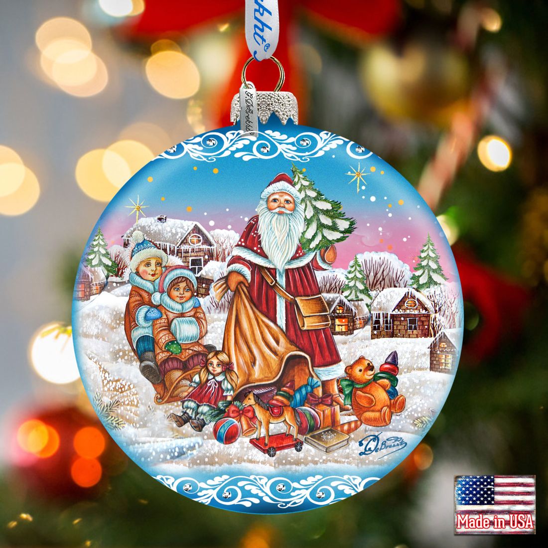 Santa Gift Giver Blue Ball Glass Ornament Limited Edition by G. DeBrekht - Christmas Santa Snowman Decor - 73874B