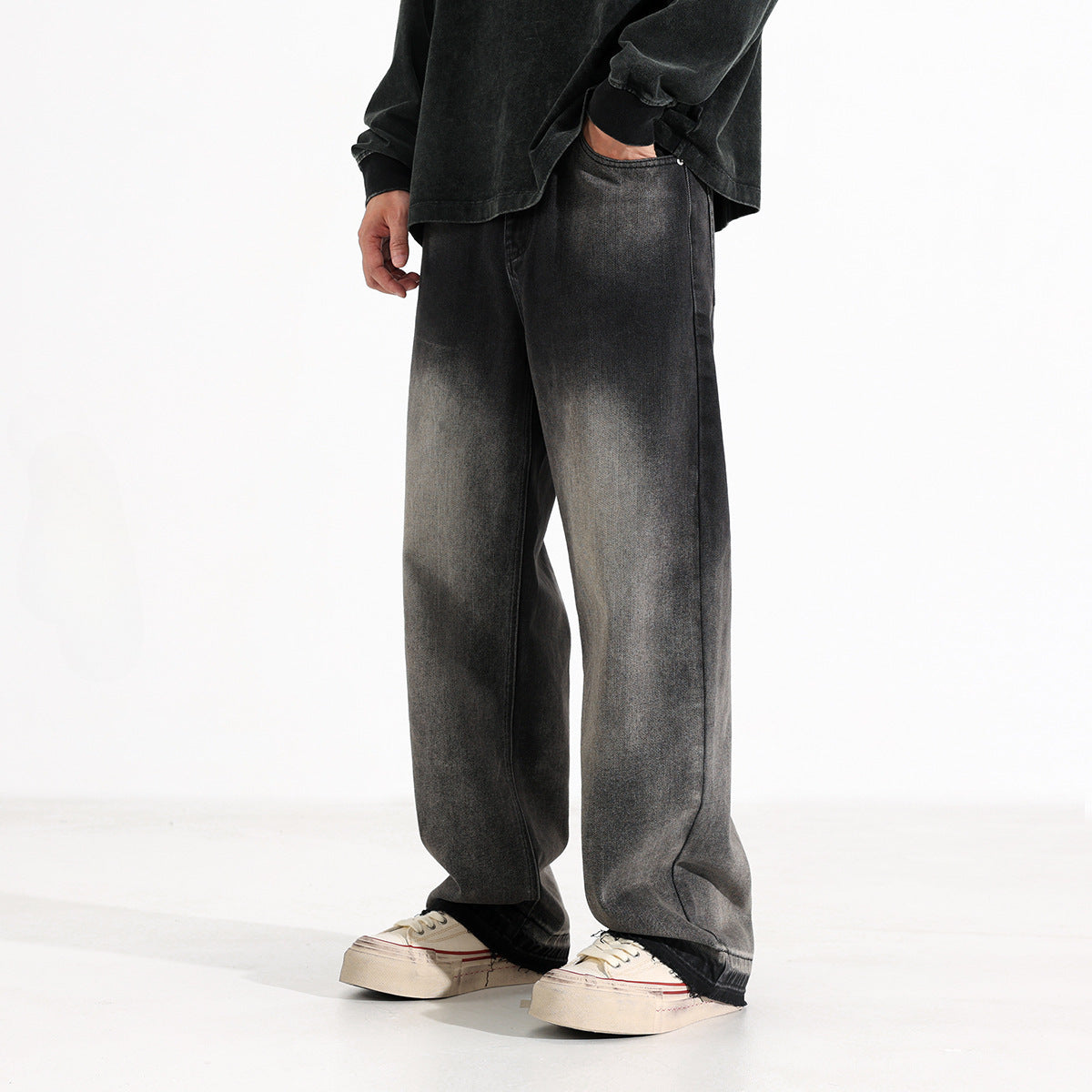 American-style Heavy Washed Black And Gray Straight Jeans Men's Loose Wide Leg Casual Trousers - Lootquake